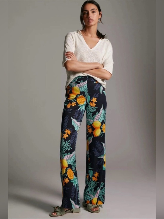 Maeve Pants - Maeve x Anthropologie Navy Wide-Leg Tropical Escape Print Pants
